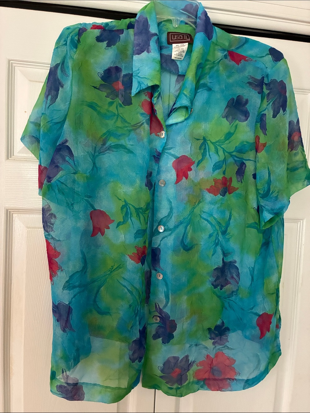 90s Vintage Sheer Blouse - Size 20 Plus Size Turquoise Floral Button Up